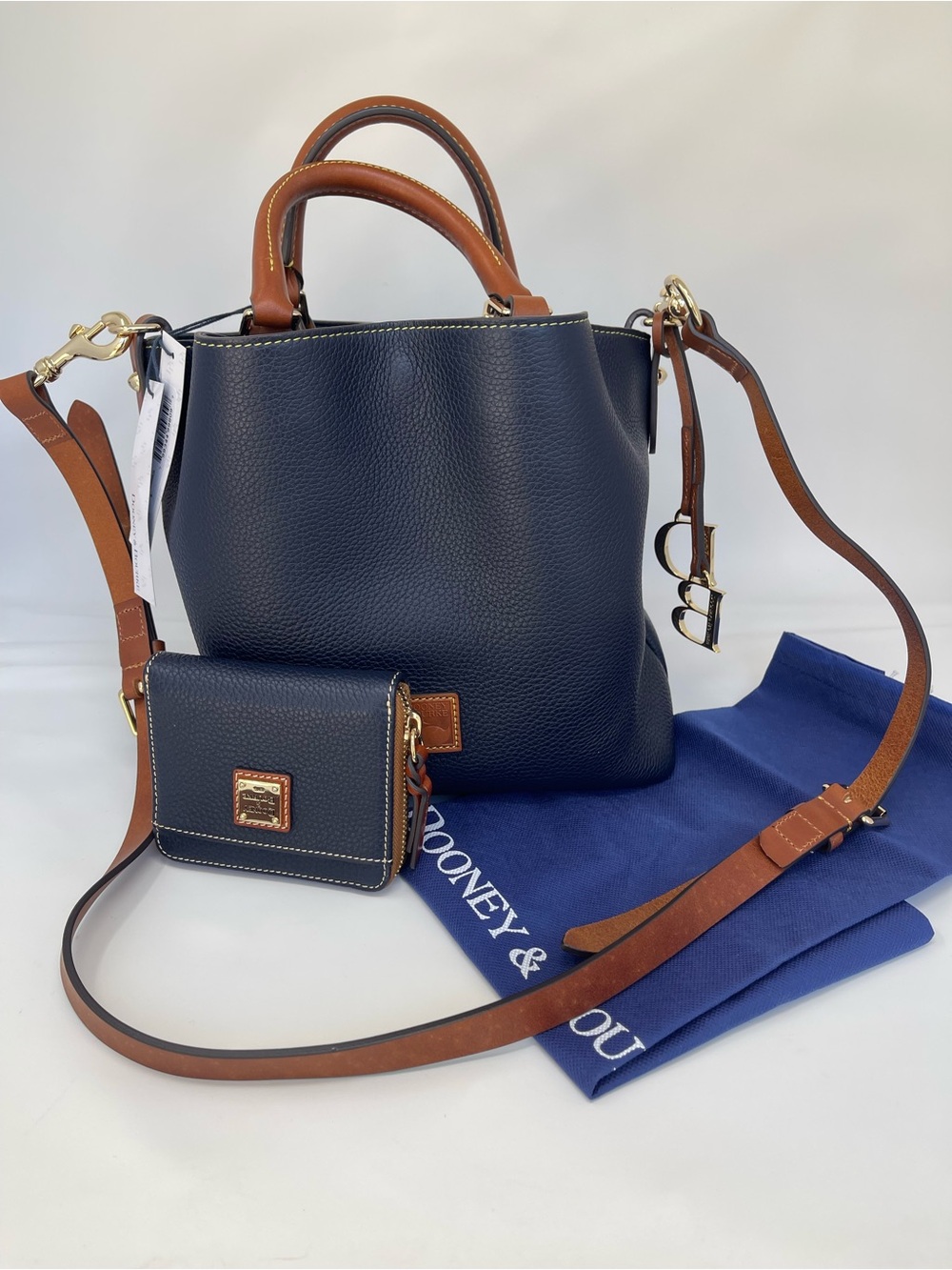 Dooney & Bourke Navy Pebble Leather Bucket Bag with Wallet and dust bag